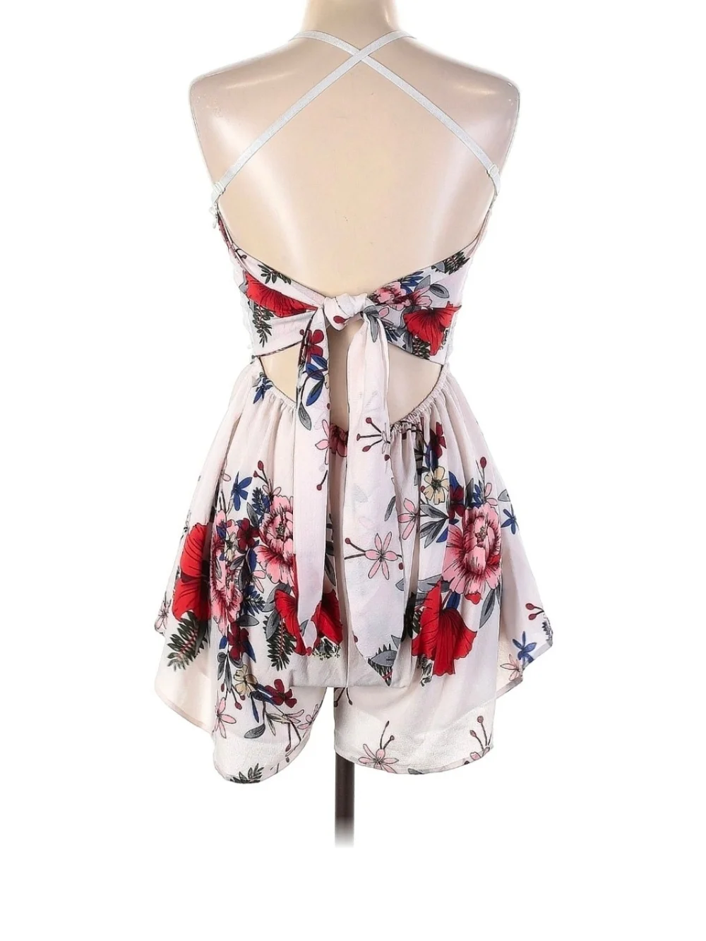 SHEIN White Crochet Halter Floral Romper with Pink & Red Print